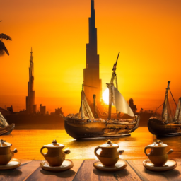 An image showcasing the iconic Burj Khalifa towering majestically against a backdrop of a vibrant desert sunset, with traditional Arabian Dhow boats sailing peacefully along the Dubai Creek, and locals engaging in lively conversations over aromatic cups of Arabic coffee and dates