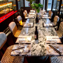 An image capturing the vibrant atmosphere of AMANO Covent Garden; showcase the elegant interior with its sleek, modern decor, dimly lit ambiance, and stylish clientele immersed in lively conversation and savoring exquisite cuisine