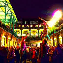 An image capturing the vibrant atmosphere of Assembly Covent Garden: a bustling courtyard adorned with twinkling lights, teeming with eclectic performers, mesmerizing street art, and a diverse audience enjoying immersive theatrical experiences
