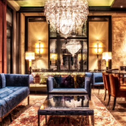 An image capturing the grandeur of the Commodore Hotel's lobby, showcasing its ornate chandeliers, luxurious velvet couches, and marble floors, inviting readers to experience the hotel's opulence through sight alone