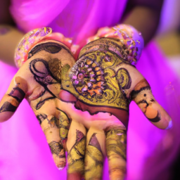 An image showcasing the vibrant Henna art adorning the hands of Emirati women, a mesmerizing blend of intricate patterns and rich symbolism, beautifully representing Dubai's cultural heritage and the significance of henna in their traditions
