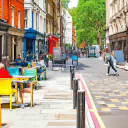 the vibrant essence of a Fab Spot in Central London with a bustling street lined with colorful storefronts, inviting cafes with outdoor seating, and fashionable individuals immersed in their stylish pursuits