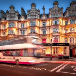 An image showcasing the grand facade of the Oxford Hotel at dusk, with warm golden lights illuminating its intricate Victorian architecture against a backdrop of a serene cobblestone street and a vibrant red double-decker bus passing by
