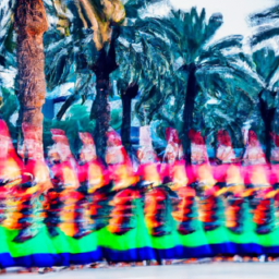 An image capturing the vibrant essence of Dubai's cultural festivals: a sea of mesmerizing colors, as locals and tourists dance in traditional attire, amidst towering palm trees, against a backdrop of awe-inspiring architectural marvels